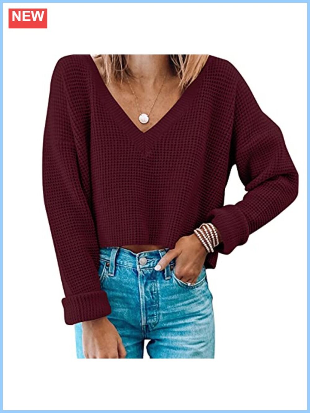 Waffle Knit Cropped V Neck Long Sleeve Pullover Sweater